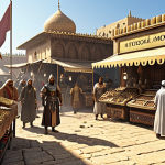 **

A vibrant, bustling marketplace scene in "Mu Monarch," filled with players trading items. Focus on the details: stalls overflowing with weapons, armor, and potions; Arabic script on signs and item descriptions; players dressed in diverse and elaborate character costumes, haggling and interacting with each other. Capture a sense of lively commerce and community. Include some gold coins sparkling to emphasize wealth.

**