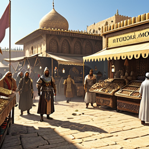 Home 23 **
A vibrant, bustling marketplace scene in "Mu Monarch," filled with players trading items. Focus on the details: stalls overflowing with weapons, armor, and potions; Arabic script on signs and item descriptions; players dressed in diverse and elaborate character costumes, haggling and interacting with each other. Capture a sense of lively commerce and community. Include some gold coins sparkling to emphasize wealth.
**