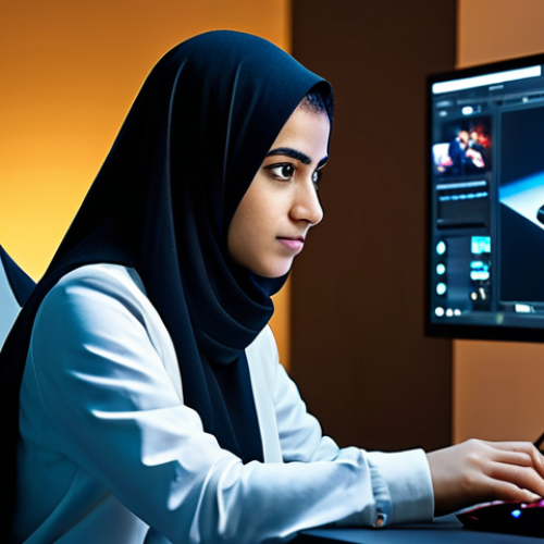 Home 22 A focused professional female gamer, of Arab descent, wearing modest, professional casual wear, intensely concentrated on a large, high-resolution gaming monitor. She is seated comfortably in a clean, modern gaming setup with subtle futuristic elements. Soft, ambient LED lighting illuminates the scene. Her hands are naturally positioned on a gaming keyboard and mouse, conveying deep concentration and skill. fully clothed, appropriate attire, safe for work, perfect anatomy, correct proportions, natural pose, well-formed hands, proper finger count, natural body proportions, professional dress, appropriate content, family-friendly, high-quality, realistic photography, cinematic lighting, sharp focus.
