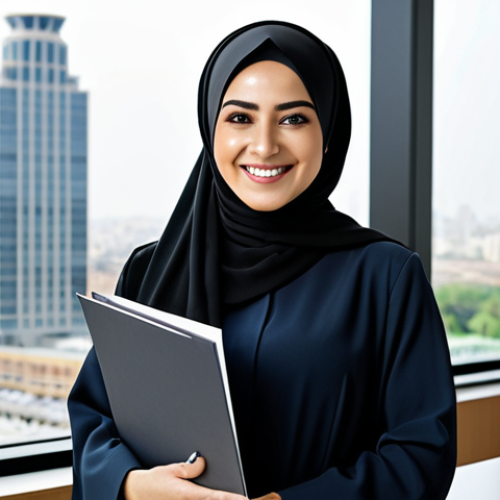 Home 21 **
"A successful businesswoman wearing a stylish, fully clothed, modest abaya in a modern office setting with large windows overlooking a bustling city. She is smiling confidently while reviewing documents. Appropriate attire, safe for work, perfect anatomy, natural pose, professional photography, high quality, family-friendly."
**