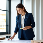 **

"A professional female architect, fully clothed in a modest business casual outfit (dress pants, blouse, blazer), standing in a modern, sunlit architectural design studio, reviewing blueprints. Safe for work, appropriate content, perfect anatomy, correct proportions, well-formed hands, proper finger count, natural body proportions, professional, family-friendly, high resolution, detailed background."

**