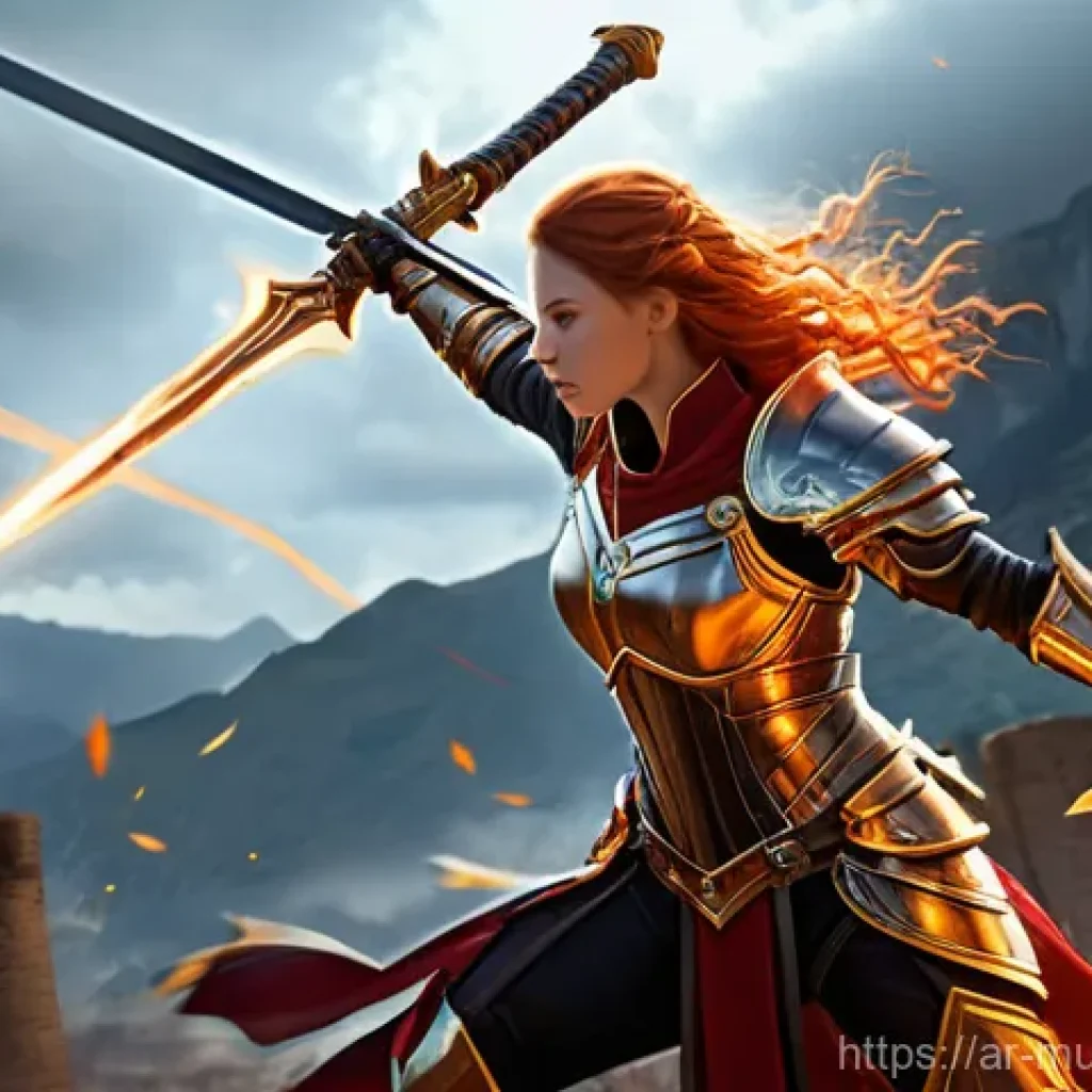 뮤 모나크 각종 버프 효과 - **Prompt 1: Decisive Offensive Strike with Buffs**
    "A powerful female warrior, clad in intricate...