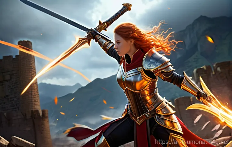 뮤 모나크 각종 버프 효과 - **Prompt 1: Decisive Offensive Strike with Buffs**
    "A powerful female warrior, clad in intricate...