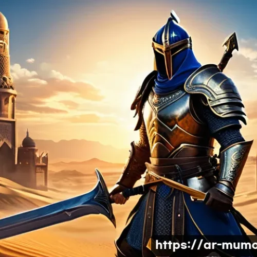 뮤 모나크 무기 종류와 특징 - A detailed scene of a powerful warrior wielding a massive heavy war sword in an intense group battle...