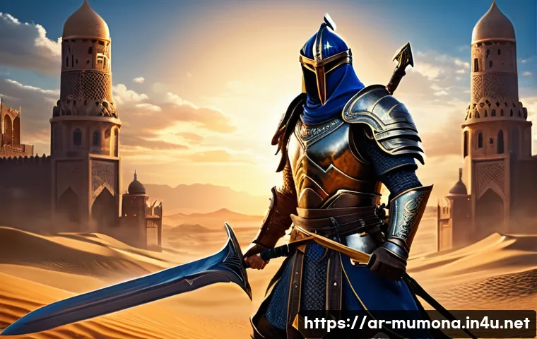 뮤 모나크 무기 종류와 특징 - A detailed scene of a powerful warrior wielding a massive heavy war sword in an intense group battle...