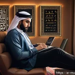 뮤 모나크 오프라인 보상 시스템 - A dynamic digital illustration showing an Arabic male gamer in traditional casual attire, sitting co...