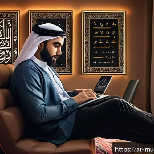 뮤 모나크 오프라인 보상 시스템 - A dynamic digital illustration showing an Arabic male gamer in traditional casual attire, sitting co...