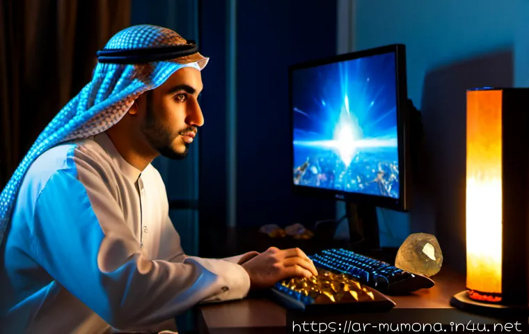뮤 모나크 재료 아이템 파밍법 - Photorealistic Arab gamer in a modern Riyadh apartment at night, seated at a clean desk with a fanta...