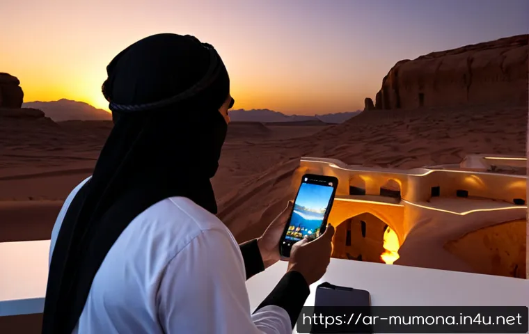 뮤 모나크 신규 지역 오픈 정보 - Photorealistic Arab gamer in modest casual clothing viewing a fantasy mobile RPG new region reveal o...